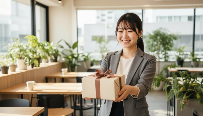 ギフトを受け取る笑顔のビジネスパーソン