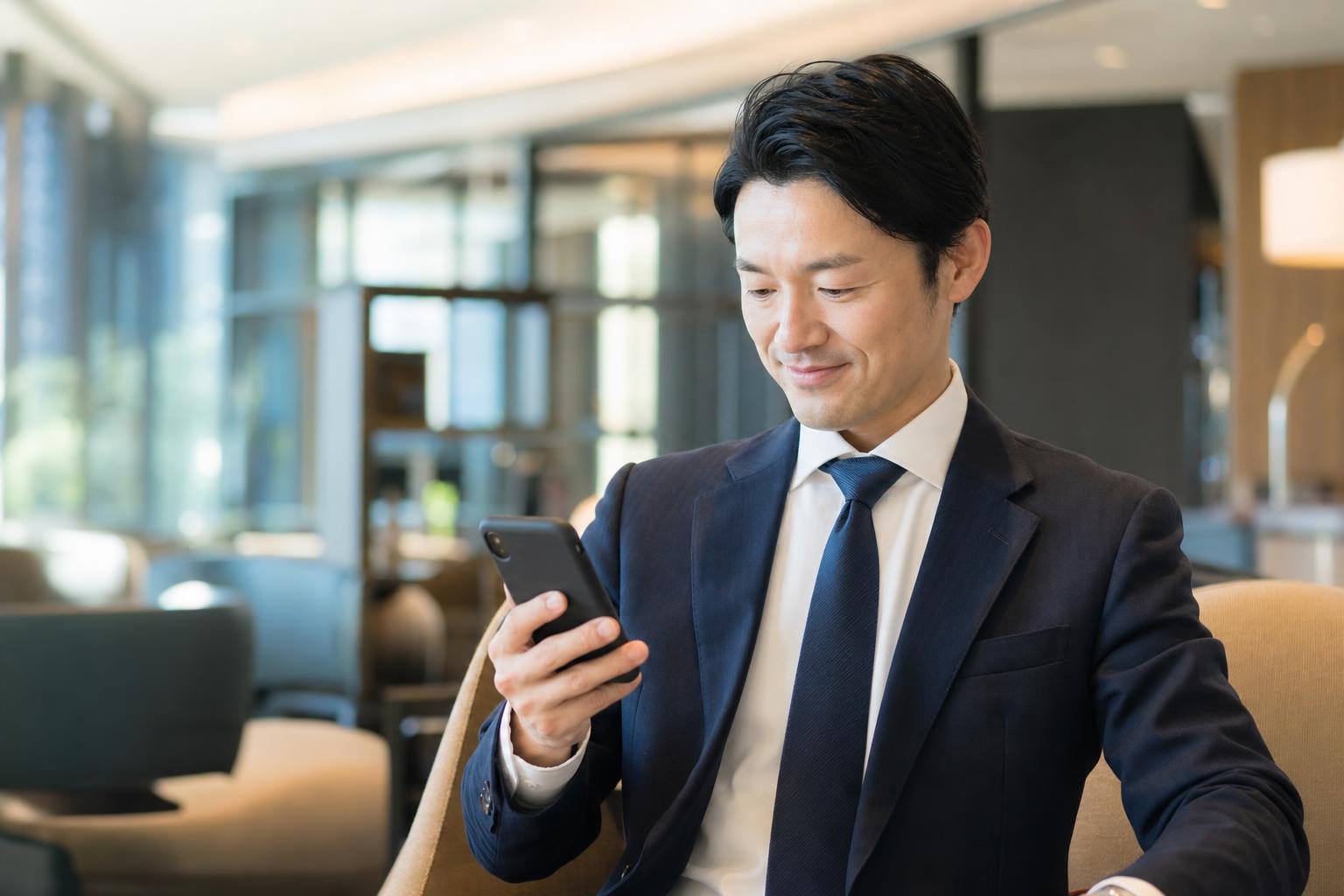 名刺交換後に送ったギフトへの返信・連絡をスマートフォンで確認するビジネスパーソン