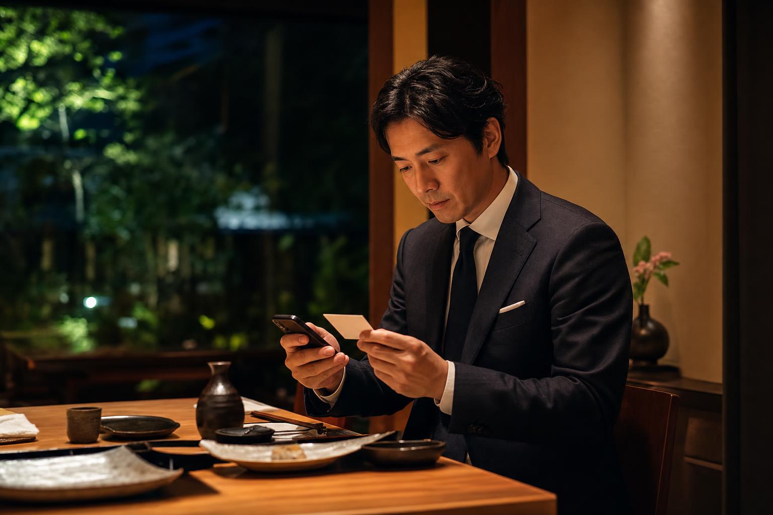 会食後の上品な個室レストランで次のフォローを考えるビジネスパーソン